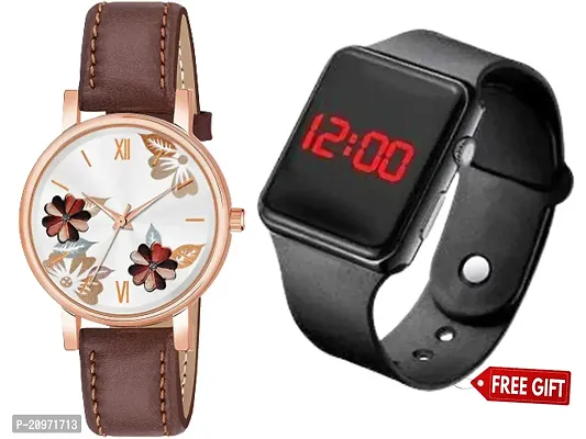 Brown Flower Dial Brown Belt Analog Watch For Women/Girls With Free Gift Square Digital Black Watch For Your Lovely Boys/Girls-thumb0