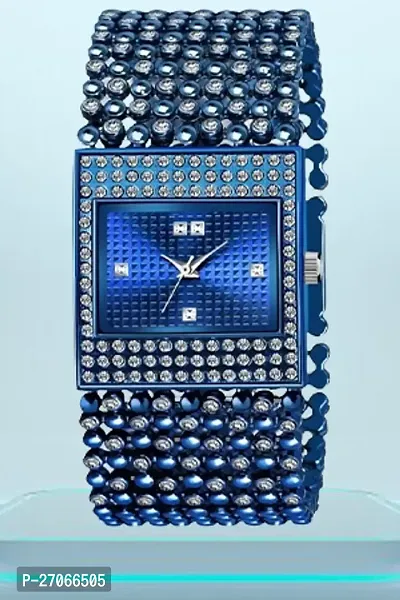 Diamond Studded  Rectangular Blue Dial With Blue Mesh Strap Bracelet Type Analog Watch For Women