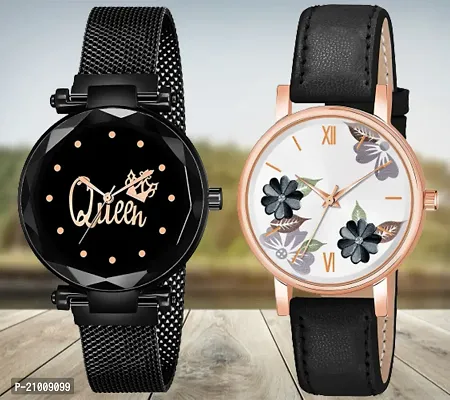 Queen Black Dial Megnetic Black Mesh Strap Black Flower Dial Black Belt Analog Combo Watch For Girls/Women