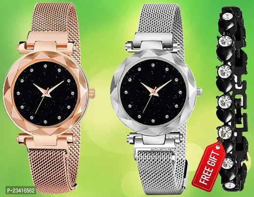 Diamond Studded Sky Dial Megnetic Mesh Gold / Silver Strap Analog Watch With Free Gift Diamond Black Bracelet Only For Cute Girls /Women