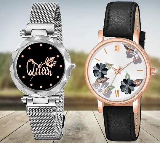 Queen Dial Megnetic Mesh Strap Flower Dial Belt Analog Combo Watch For Girls/Women