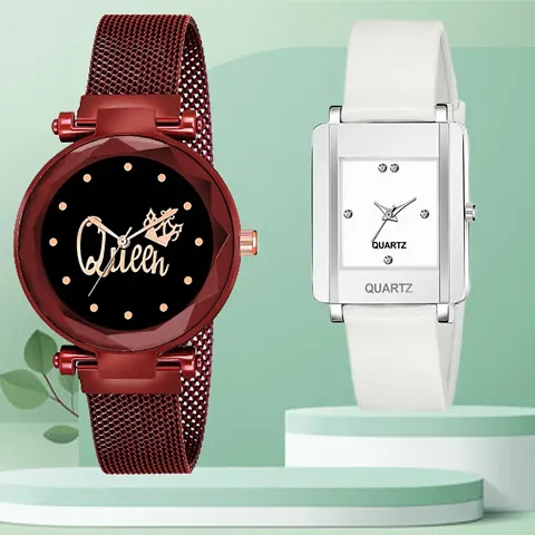 Queen Design Dial Mesh Megnetic Strap With Rectangle Dial PU Belt Analog Watch Form Women/Girls