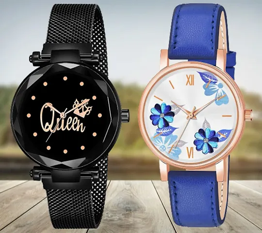 Queen Dial Megnetic Mesh Strap Flower Dial Belt Analog Combo Watch For Girls/Women