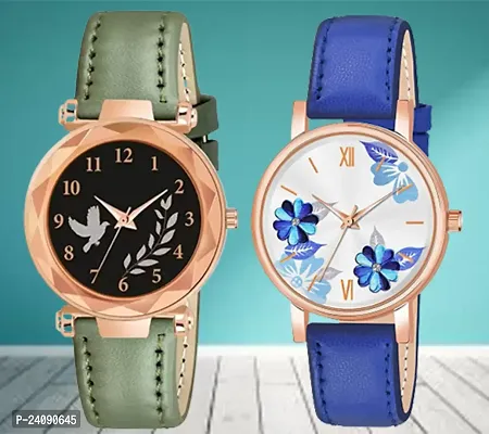 Bird Leaf Design Dial Green Synthetic Leather Belt With Blue Flower Blue Synthetic Leather Belt Analog Watch For Girls / Women