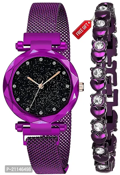 Diamond Studded Sky Dial Magnetic Purple Mesh Strap Analog Watch With Free Gift Diamond Purple Bracelet Only For You