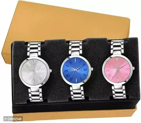 New Sylish Silver Blue Pink Dial With Silver Dial Chain Srap Analog Watch  For Girls / Women Pack Of 3