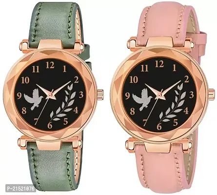 Bird And Leaf Classic Design Black Dial Green  Pink Leather Strap Analog Watch For Girls/Women Pack Of 2