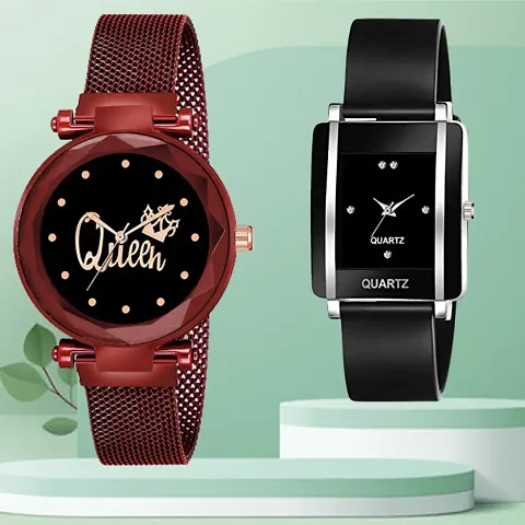 Queen Design Dial Mesh Megnetic Strap With Rectangle Dial PU Belt Analog Watch Form Women/Girls