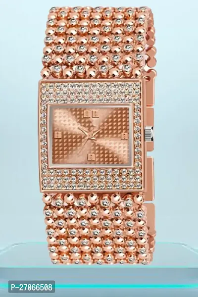 Diamond Studded  Rectangular Rose Gold Dial With Rose Gold Mesh Strap Bracelet Type Analog Watch For Women-thumb0