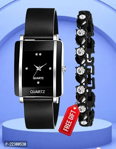 Rectangle Black Dial Black PU Belt Analog Women Watch With Free Gift Diamond Black Bracelet