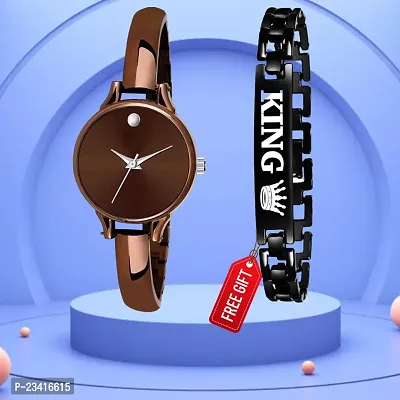 Moon Brown Dial Brown Mesh Belt Analog Watch With Free Gift King Black Bracelet Only For You