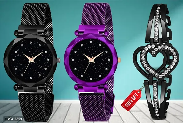 Diamond Studded Sky Dial Megnetic Mesh Black / Red Strap Analog Watch With Free Gift Heart Black Bracelet Only For Cute Girls /Women-thumb0