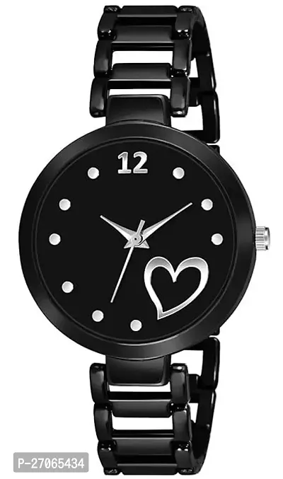 Unique Design Heart Love Black Dial and Metal Mesh Black strap Analog watch for girls and women