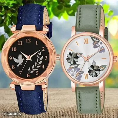 Bird Leaf Design Dial Blue Synthetic Leather Belt With Green Flower Green Synthetic Leather Belt Analog Watch For Girls / Women-thumb0