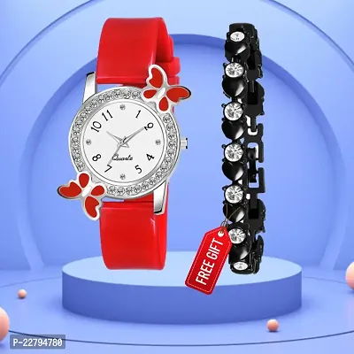 Butterfly Design Case White Dial Pu Red Belt Analog Women Watch With Free Gift Diamond Black Bracelet Only For You