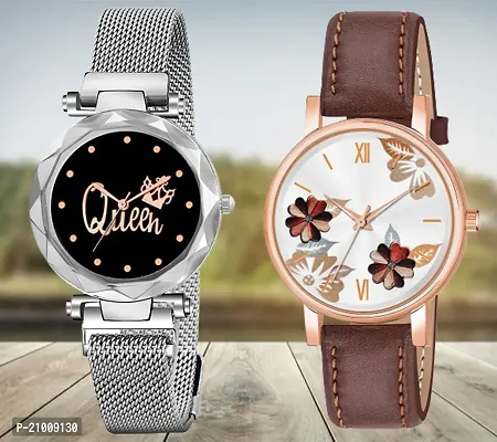 Queen Black Dial Megnetic Silver Strap Brown Flower Dial Brown Belt Analog Combo Watch For Girls/Women
