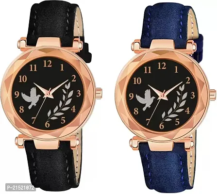 Bird And Leaf Classic Design Black Dial Black  Blue Leather Strap Analog Watch For Girls/Women Pack Of 2