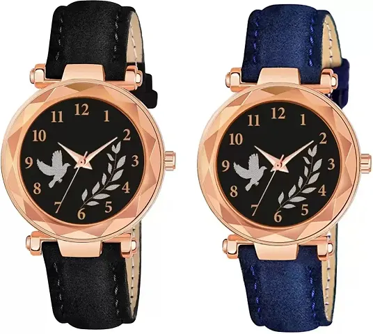 Bird And Leaf Classic Design Dial Leather Strap Analog Watch For Girls/Women Pack Of 2