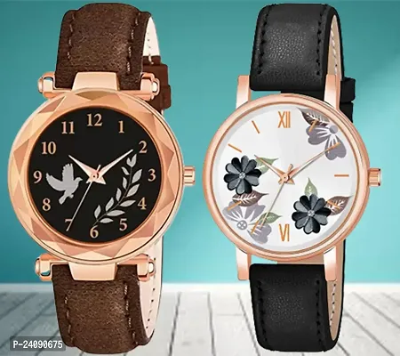 Bird Leaf Design Dial Brown Synthetic Leather Belt With Black Flower Black Synthetic Leather Belt Analog Watch For Girls / Women