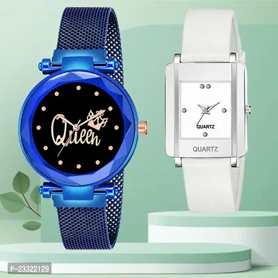 Queen Design Black Dial Blue Mesh Megnetic Strap With Rectangle White Dial White PU Belt Analog Watch Form Women/Girls