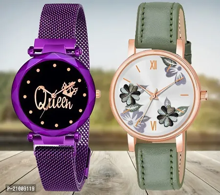 Queen Black Dial Megnetic Purple Mesh Strap Green Flower Dial Green Belt Analog Combo Watch For Girls/Women