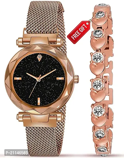 Sky Dial Magnetic Golden Mesh Strap Analog Watch With Free Gift Heart Golden Bracelet Only For You-thumb0