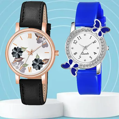 Flower Dial Belt Analog Watch With day-flying Design Dial PU Belt Analog Watch For Women/Girls Pack Of 3