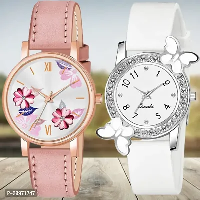 Peach Flower Dial Peach Belt Analog Watch With day-flying Design White Dial White PU Belt For Women/Girls