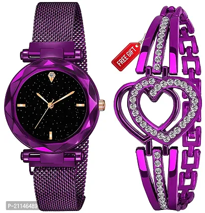 Sky Dial Magnetic Purple Mesh Strap Analog Watch With Free Gift Heart Purple Bracelet Only For You-thumb0