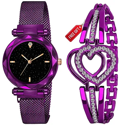 Dial Magnetic Mesh Strap Analog Watch With Free Gift Heart Bracelet Only For You