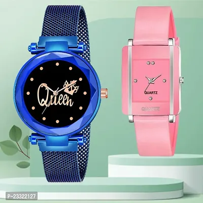 Queen Design Black Dial Blue Mesh Megnetic Strap With Rectangle Pink Dial Pink PU Belt Analog Watch Form Women/Girls
