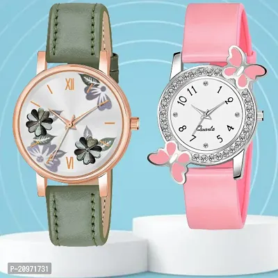 Green Flower Dial Green Belt Analog Watch With day-flying Design White Dial Pink PU Belt For Women/Girls