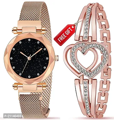 Diamond Studded Sky Dial Magnetic Golden Mesh Strap Analog Watch With Free Gift Heart Golden Bracelet Only For You-thumb0