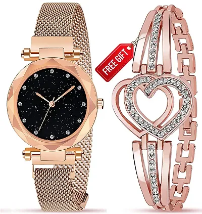 Diamond Studded Dial Magnetic Mesh Strap Analog Watch With Free Gift Heart Bracelet Only For You