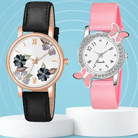 Flower Dial Belt Analog Watch With day-flying Design Dial PU Belt Analog Watch For Women/Girls Pack Of 4