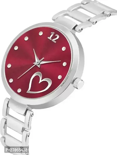 Unique Design Heart Love Maroon Dial and Metal Mesh Silver strap Analog watch for girls and women-thumb2