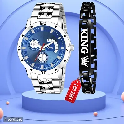 Classic Design  Blue Dial Silver Chain Belt Analog Men Watch With Free Gift King Black Bracelet For Women/Girl