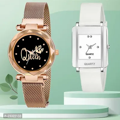 Queen Design Black Dial Gold Mesh Megnetic Strap With Rectangle White Dial White PU Belt Analog Watch Form Women/Girls