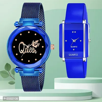 Queen Design Black Dial Blue Mesh Megnetic Strap With Rectangle Blue Dial Blue PU Belt Analog Watch Form Women/Girls-thumb0
