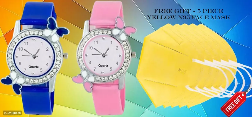 Butterfly Design White Dial PU Belt Women Analog Watch With Free Gift 5 Piece Yellow N95 Mask