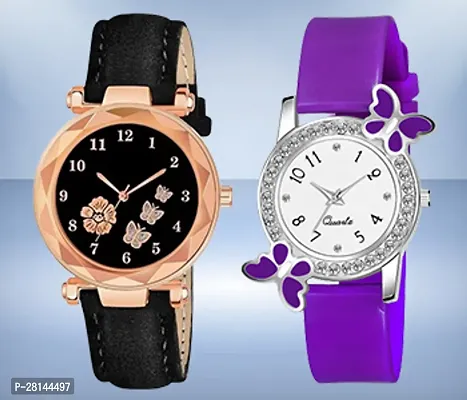 Classic Design Multicolor Dial And Leather Belt Analog Combo Watch Form Women And Girls Pack Of 2