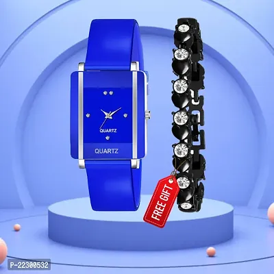 Rectangle Blue Dial Blue PU Belt Analog Women Watch With Free Gift Diamond Black Bracelet