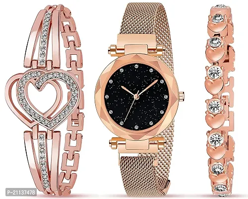 Diamond Studded Sky Dial Golden Magnetic Belt Analog Watch With Golden Heart Shap  Diamond Bracelet For Women/Girls Pack Of 3