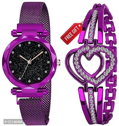 Diamond Studded Sky Dial Magnetic Purple Mesh Strap Analog Watch With Free Gift Heart Purple Bracelet Only For You-thumb0