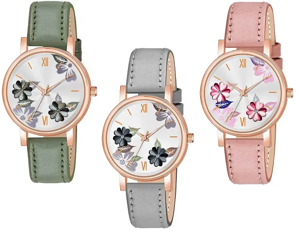 Unique Design Flower Dial Leather Belt Analog Combo watch for Women/Girls Pack Of 3