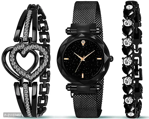 Diamond Studded Sky Dial Black Magnetic Belt Analog Watch With Black Heart Shap  Diamond Bracelet For Women/Girls Pack Of 3-thumb0