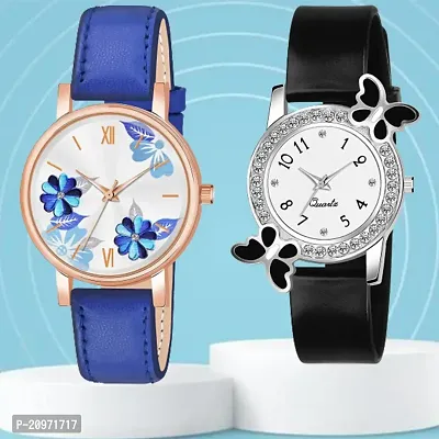 Blue Flower Dial Blue Belt Analog Watch With day-flying Design White Dial Black PU Belt For Women/Girls-thumb0