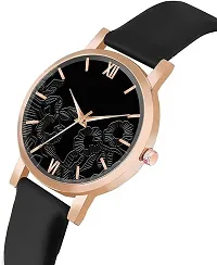 Flower Design Black Dial With Black Leather Belt Analog Watch For Women-thumb1