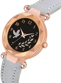 Bird And Leaf Classic Design Black Dial Grey Leather Strap Analog Watch For Girls/Women-thumb1