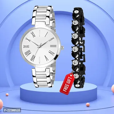 Silver Dial silver Chain Strap Women Anlaog Watch With Free Gift Diamond Black Bracelet